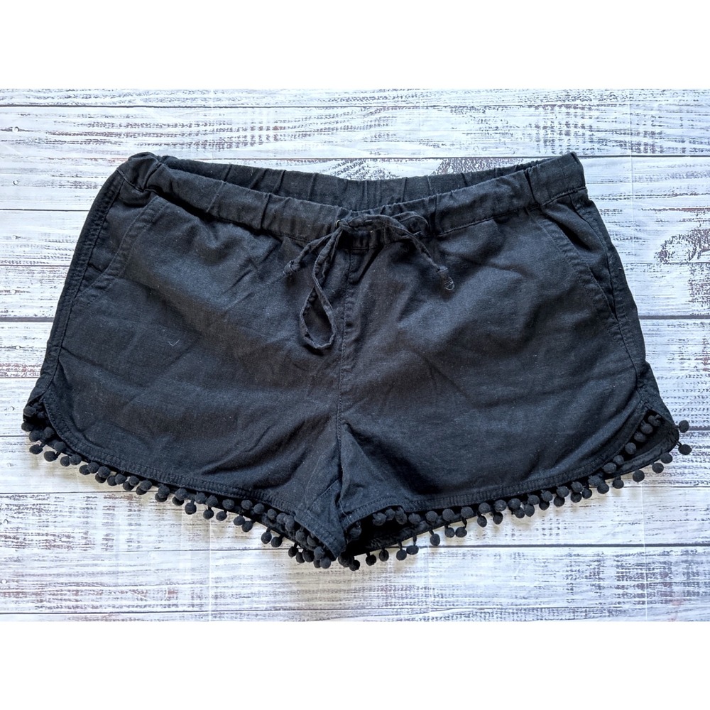 J. Crew Pom Pom Trim Shorts Women Black Linen Blend Drawstring Size M